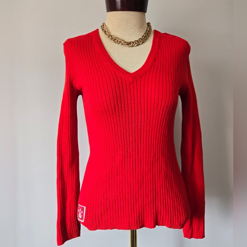 Ralph Lauren Jeans Company Y2K Vibrant Red Ribbed Sweater. Size Small